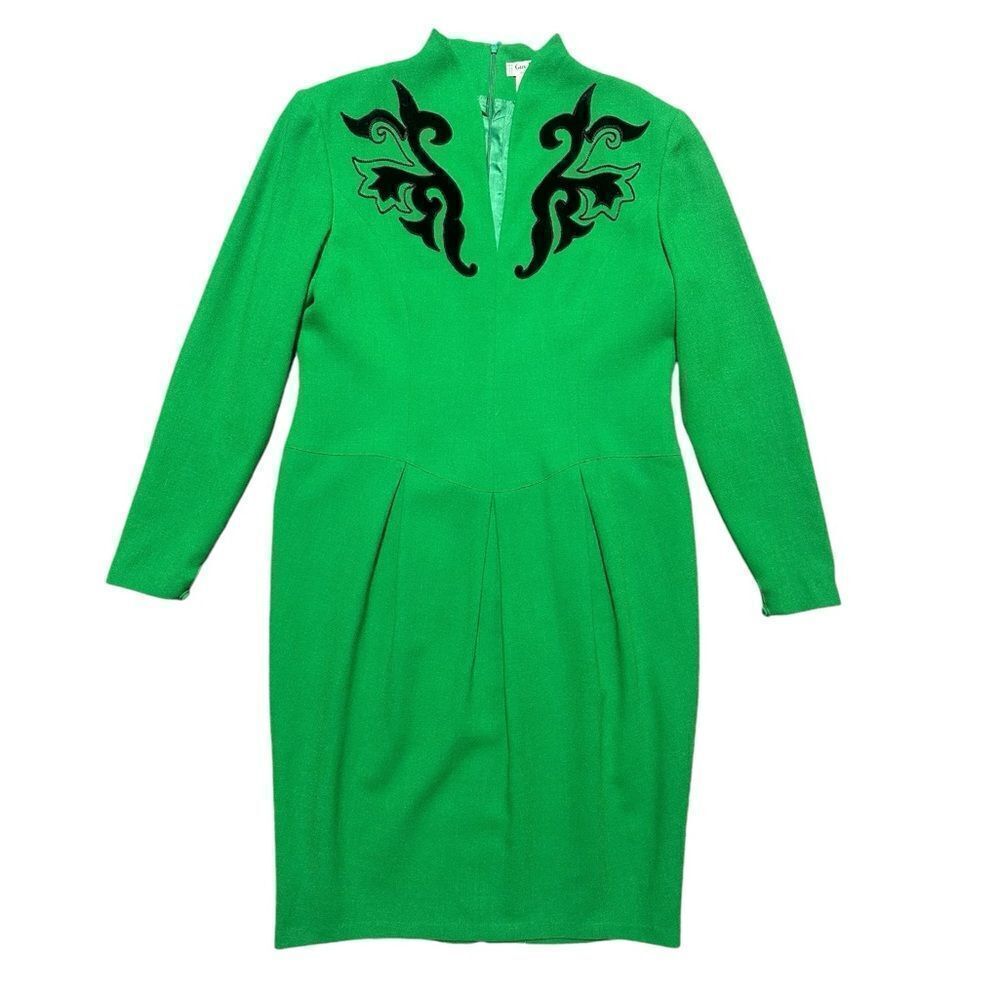 Guy Laroche RARE Vintage 1980’s Couture Green Wool Crepe Tulip Cocktail Dress